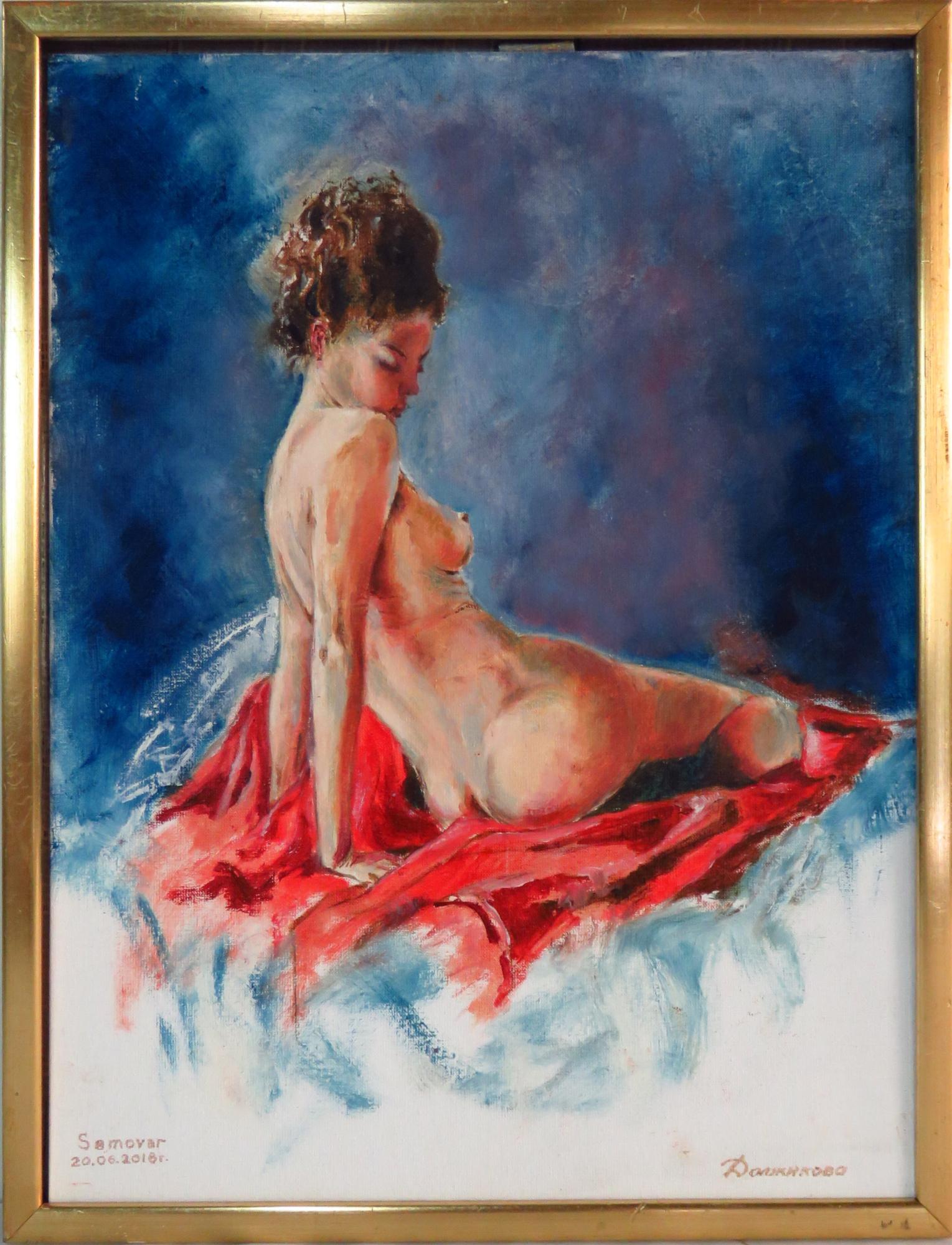 RUSSIAN SCHOOL MODERN RECLINING NUDE PORTRAIT: Contemporary / 21st C. Russian / Ukrainian school portrait of a reclining nude woman. Painting is oil/canvas board and is signed, in cyrillic, dated, and titled. It is framed. Measures: 16" x 12" Cond