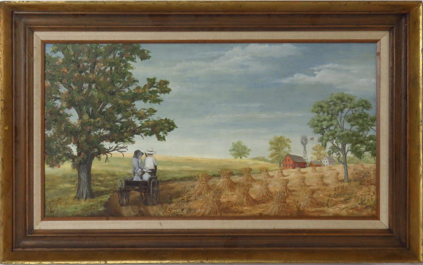 AMERICAN REGIONALIST PAINTING FARM FIGURES & WAGON: Idyllic country painting of a farm landscape / countryside, with a family in a hay wagon. 20th C. American regionalist oil/masonite. The painting is attractively framed and signed. Landscape, regional