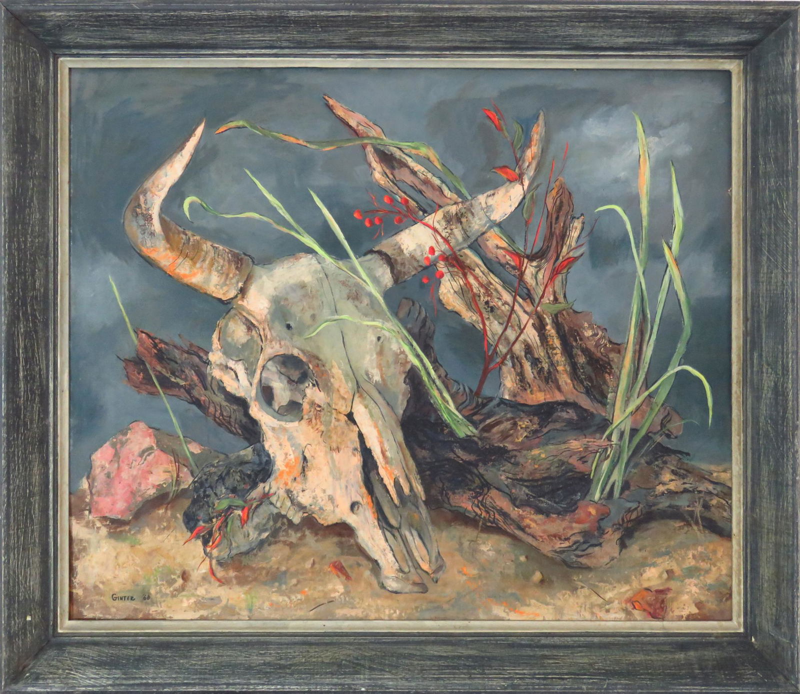 WESTERN LANDSCAPE PAINTING OF A STEER SKULL SIGNED: 20th C. Western / Southwestern painting of a steer skull in a plains setting. Painting is o/canvas board and is framed in a fine mid century rustic frame. Signed Ginter (Amer. Mary Ann Ginter 20th C.)