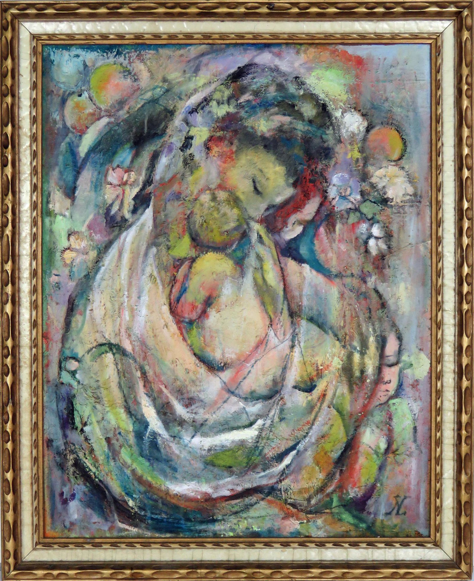 ABSTRACT CUBIST MODONNA AND CHILD PAINTING SIGNED: Finely painted modern abstract / cubist Madonna and Child. Titled "Oriental Madonna #2". Work is signed with an artist monogram (similar in style to Elie Nadelman) and titled / signed illegibly, verso