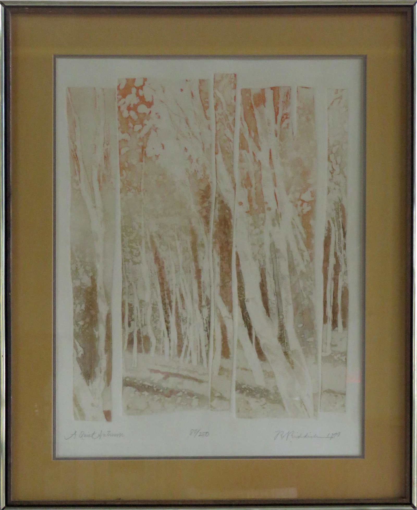 RONALD RIDDICK INTAGLIO AQUATINT SIGNED: Intaglio etching with aquatint by Ronald Riddick. Signed, titled, and numbered, in pencil. Work is titled "A Quiet Autumn". It is from an edition of 250 and is framed. Measures: Sight: 26" x 19 1/2", 