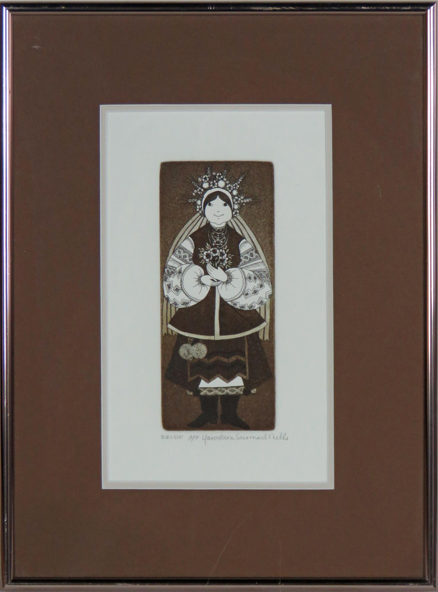 YAROSLAVA SURMACH MILLS SIGNED ETCHING: Yaroslava Surmach Mills (Ukraine/US 1925-2009). Original etching w aquatint of a "Bride" (akin to Bride of Poltava etching w aquatint exhibited at the Ukrainian Museum). Fine and clear impression. Sig