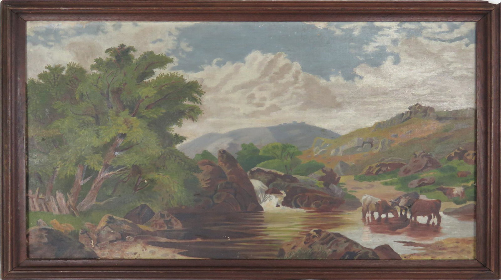 WESTERN LANDSCAPE PAINTING MOUNTAINS COWS & RIVER: Vintage, WPA era, regionalist primitive style western landscape painting. Painting is o/c, is unsigned, and is in a wood frame. Measures: Sight: 19 3/4" x 30 3/4": Frame: 23" x 33 3/4" Condition: Chip