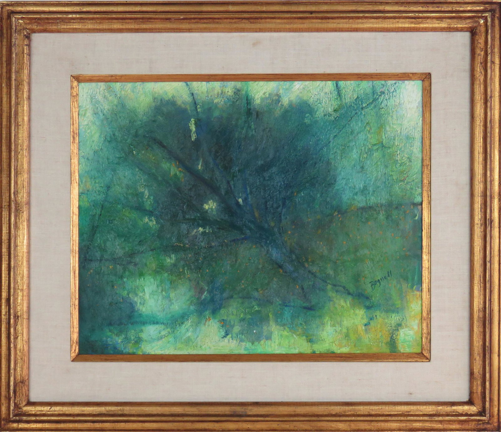 STEPHEN BAGNELL B.1930 ABSTRACT LANDSCAPE PAINTING: Stephen Bagnell (NJ/PA 1930-1996) abstract landscape oil/masonite painting. Signed (LR and verso), titled, "Field of Flowers" and dated, 1966, (verso). Framed in a mid century gilt edge frame. Measure