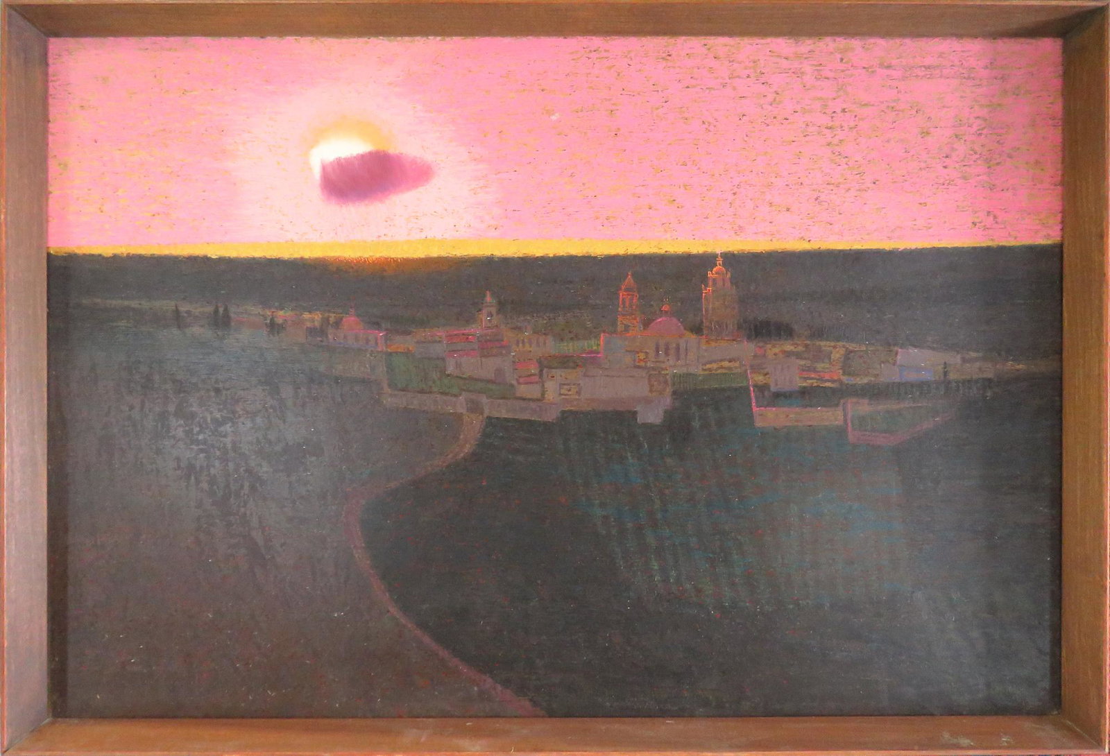 MARIO LARRINAGA US1895-1979 PAINTING CIELO SIGNED: Mario Larrinaga (California 1895-1979) O/B. Signed LR. Signed & inscribed verso, "Cielo Mexicano, M. Larrinaga Taos, NM". Illustrator, painter, designer. Born in Las Flores, Baja California on Jan. 19