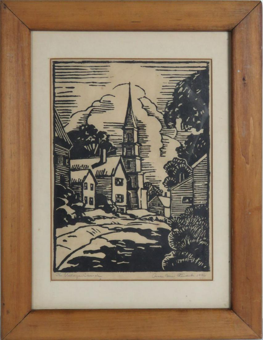 WOODBLOCK PRINT GRACE STEWART 1885-1969: American regionalist woodcut by American artist Grace Bliss Stewart (NY / Kansas 1885-1969) presented in an attractive period wood frame. The image is of an American village scene and is titled, in pe