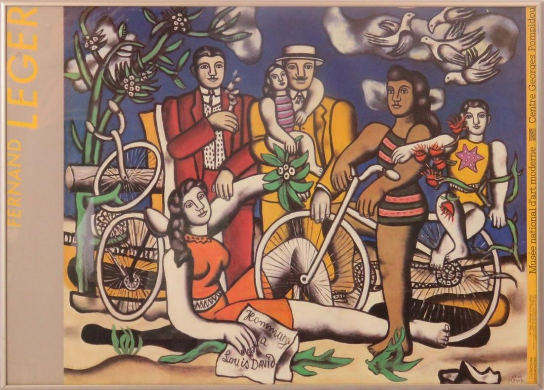 FERNAND LEGER EXHIBITION POSTER: Fernand Leger (France/US 1881-1955) modernist / cubist exhibition poster of a group of figures and bicyles. from the permanent collection at the Centre Georges Pompidou. Framed, under glass. Measures: