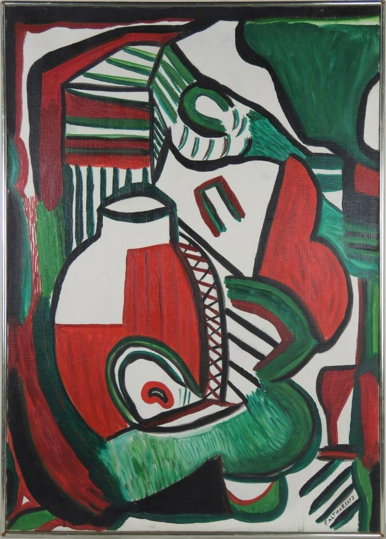 MODERN CUBIST ABSTRACT PAINTING STILL LIFE SIGNED: Modern cubist abstract painting. Subject matter is a still life with jug. Conjures images of Picasso or Leger. Painting is oil / canvas and is signed. Signature appears to be F. Altho F, (Althoff ?). 