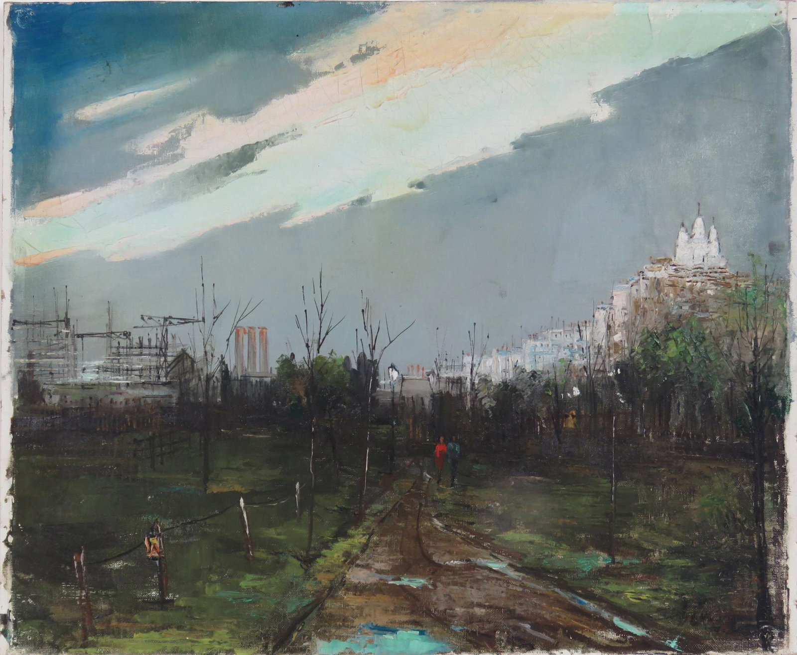 FRENCH MODERNIST PAINTING AFTER BUFFET: MId century modernist o/c cityscape painting in the manner of Bernard Buffet. The painting is signed illegibly (possibly Francois Izarnay). The painting is unframed.