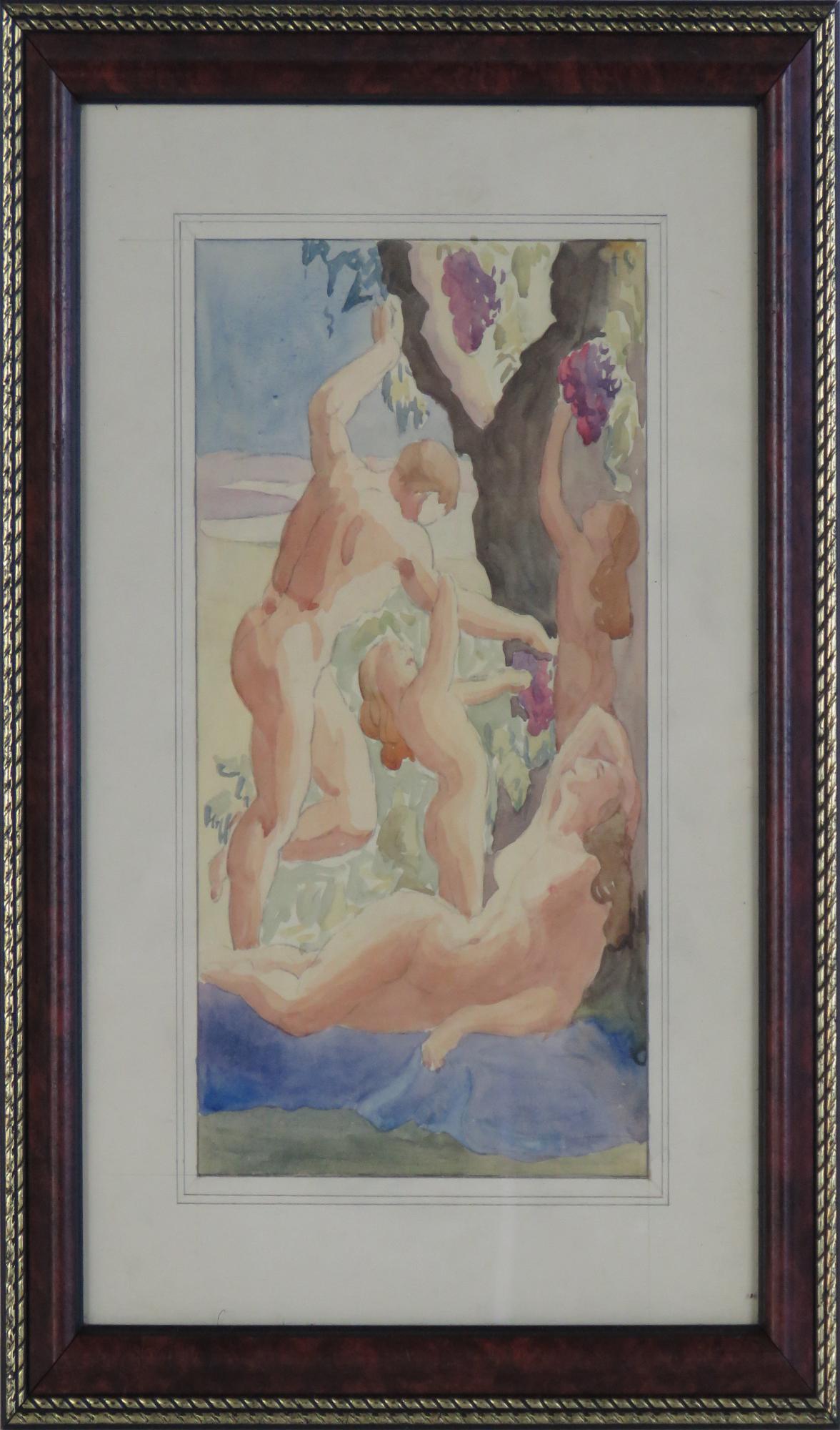 20TH C. EXPRESSIONIST ALLEGORICAL NUDES PAINTING: Modern expressionist w/c painting of an allegorical scene. A group of nude figures reclining and picking grapes. Manner of Charles Burdick. Framed, under glass, in a modern frame. The work is unsigned