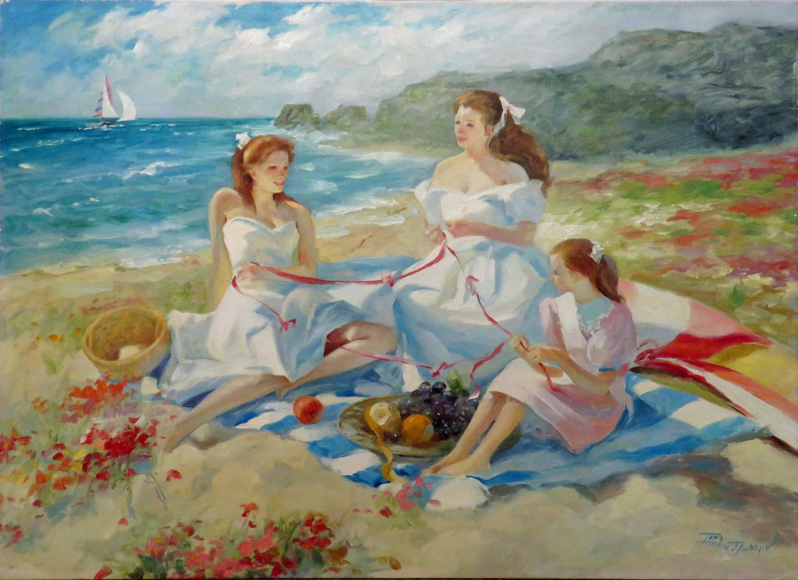 TIM BENJAMIN DUTCH B. 1958 IMPRESSIONIST PAINTING: Tim Benjamin (Dutch/UK B. 1958) modern impressionist painting of 3 beauties at the beach. Done in a style reminiscent of Degas or Renoir, Benjamin's work is a contemporary take on earlier Impressionis