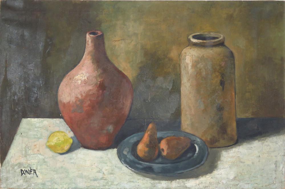 FRENCH SCHOOL STILL LIFE PAINTING FRUIT & POTTERY: Modernist still life painting. Well executed O/C of fruit and pottery on a table. Signed, illegibly- possibly Domer. The work is unframed. Measures: 24" x 36"