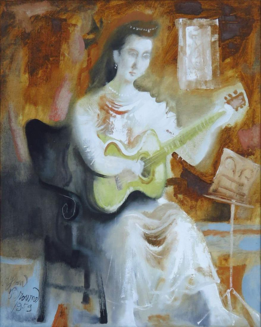 BYRON BROWNE (1907-1961) O/C ABSTRACT PAINTING: Byron (George Byron) Browne (American 1907-1961). Abstract modernist painting of a woman with a guitar. The painting is o/c and is signed and dated (1959). It is also signed and titled, verso, in the