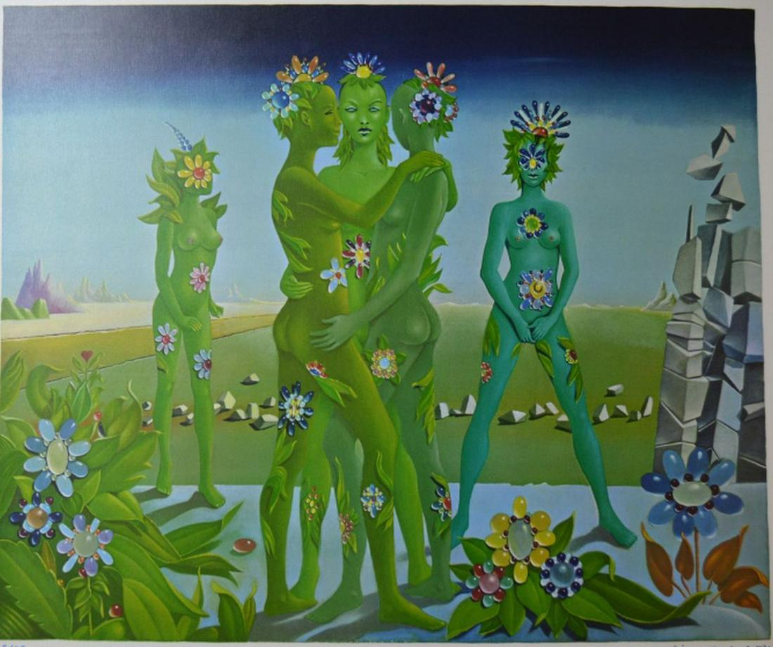GEORGES SPIRO 1909-1994 SURREALIST LITHO SIGNED: Georges Spiro 1909-1994, Poland / France. Spiro is a well known surrealist artist who produces many dreamlike images. This work is an original lithograph of a group of nude green sylvan female figures