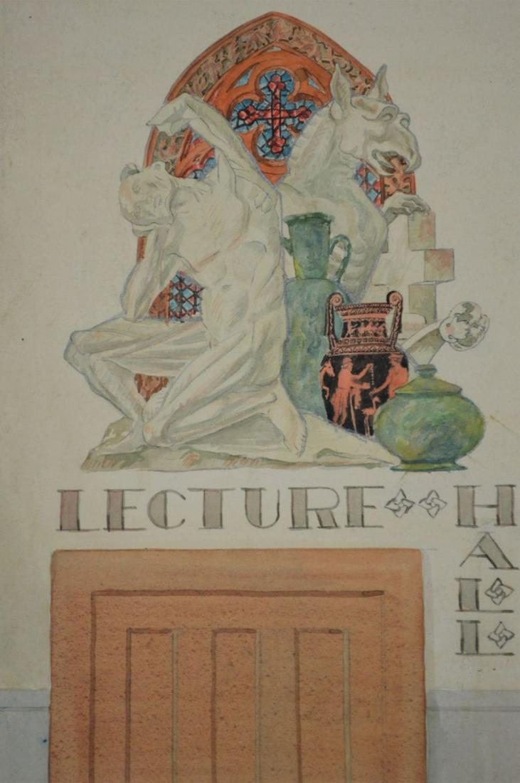 ARCHITECTURAL PAINTING W GOTHIC ELEMENTS SIGNED: Finely executed mixed medium painting on board. The subject appears to be a university lecture hall entrance with beautifully rendered painting combining classical architectural elements with a gothic