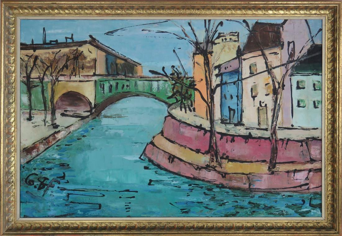 FRENCH SCHOOL PARISIAN CITYSCAPE CANAL PAINTING (1 of 13)