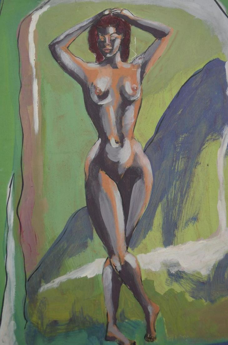 20TH C NUDE PAINTING OF A STANDING BEAUTY: Modern (20th C) painting of a beautiful woman in a standing pose. The painting is oil/board (masonite) and is not signed. It is unframed. Measures: 16" x 12"