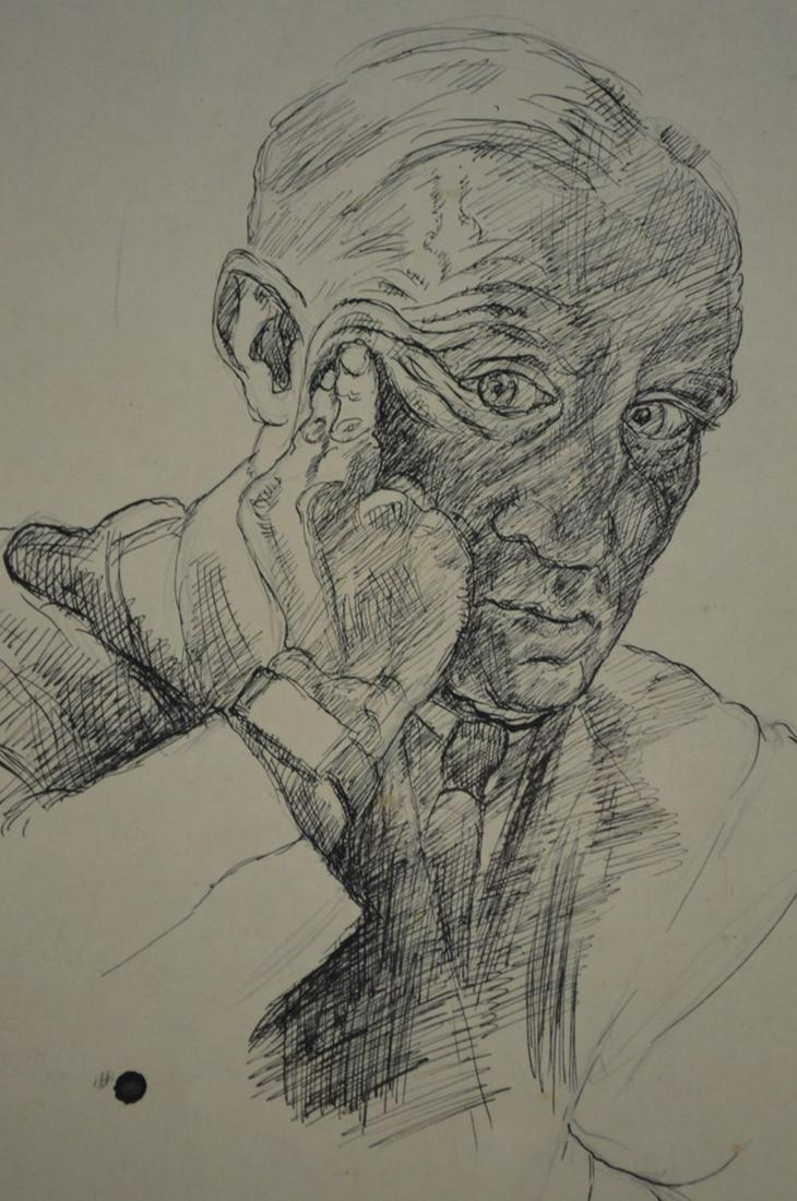 FINE EXPRESSIONIST INK DRAWING: Finely executed ink on paper drawing of an unusually featured man. Done in an abstract expressionist manner. The work is unsigned and is framed, under glass. Measures: 21 1/8" x 20 1/8" Framed 15" x 1