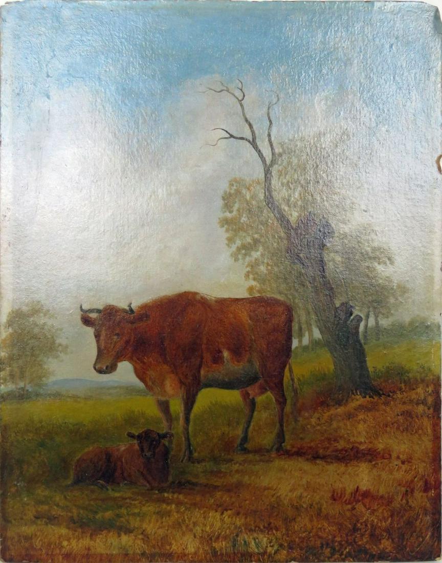 THOMAS CHIPPENDALE 1749-1822 LANDSCAPE PAINTING: Attributed to Thomas Chippendale the Younger (1749-1822). The painting is a landscape of a cow and her calf. It is oil/board and bears a signature (LR). While Chippendale and his family's company were