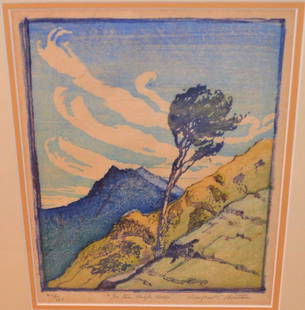 MARGARET J. PATTERSON 1867-1950 COLOR WOODBLOCK SI: Margaret Jordan Patterson (Am. 1867-1950).Rare, color woodcut on Japan paper, circa 1920. Titled "In the High Hills". Signed, titled, and numbered, in pencil. Full margins. Edition of 100. IMPORTANT N