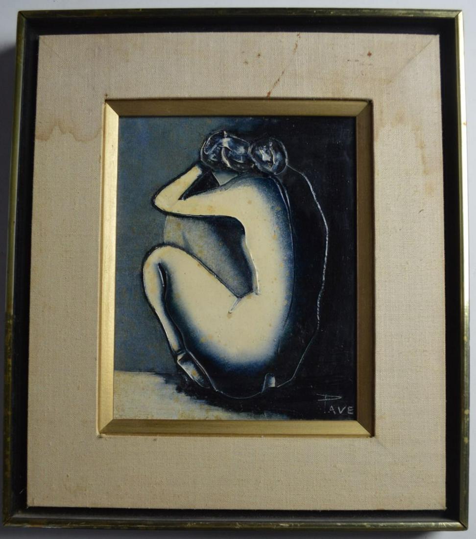 MID CENTURY MODERN NUDE WOMAN PAINTING: Modern painting of a nude woman. Mid to late 20th century. Work may have been done primarily with a palette knife and is oil/canvas. It is signed and framed. "Pavel"? inscribed in pen, verso. Measures