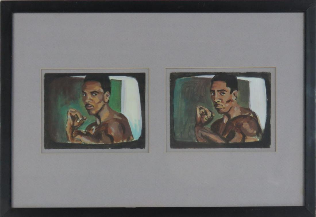 2 PAINTINGS OF AN AFRICAN AMERICAN BOXER: 2 paintings of boxers. Paintings are watercolor/gouache on paper. They do not appear to be signed. Framed, under glass. Each painting measures approximately 5" x 6 1/2", Frame: 14 1/4" x 20 1/4"