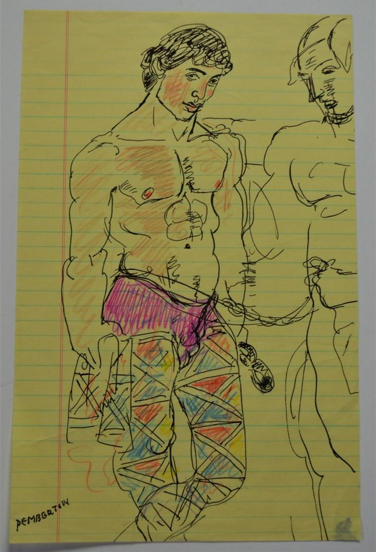 LOT 5 HOMOEROTIC ILLUSTRATIONS DRAWINGS PEMBERTON: Pemberton (NY 20th/21st C). Lot of 5 racy and folksy, homo erotic illustration art type drawings or sketches. One of the sketches covers both sides and has a collage aspect -see photos. The works cons