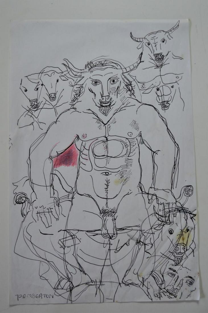 LOT 5 HOMOEROTIC ILLUSTRATIONS DRAWINGS PEMBERTON: Pemberton (NY 20th/21st C). Lot of 5 racy and folksy, homo-erotic illustration-art type drawings or sketches. Some sketches cover both sides and has a collage aspect -see photos. The works consist of 