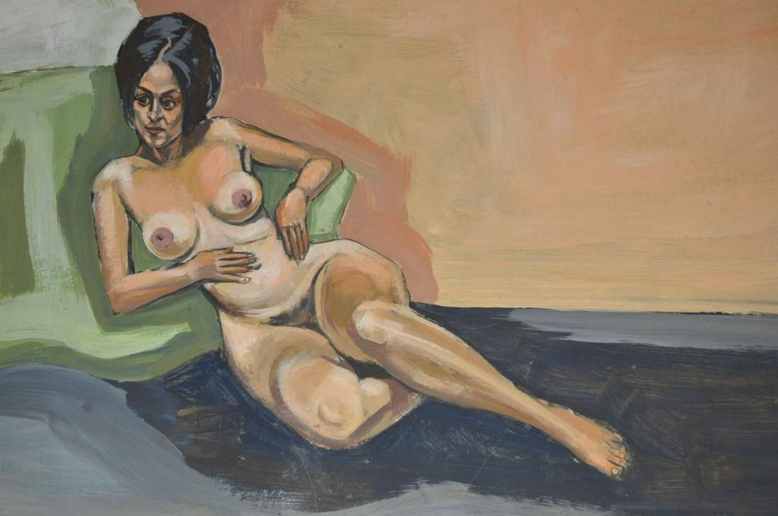 MODERNIST NUDE PAINTING OF A BEAUTIFUL WOMAN: Modern nude painting of a beautiful woman. Wonderful use of color. It is oil/masonite and is unsigned. Measures: 16" X 24"