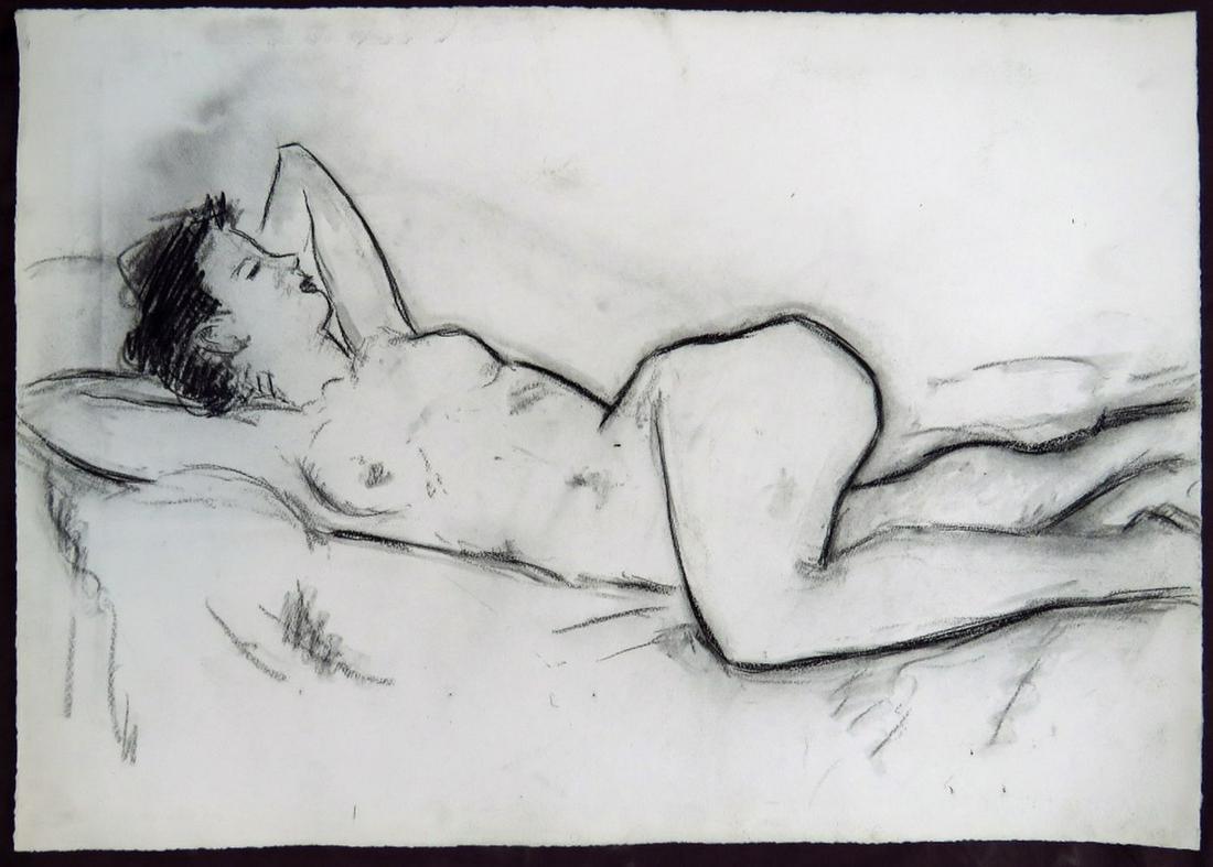 VINTAGE RECLINING NUDE CHARCOAL DRAWING: 20th C nude charcoal drawing of a reclining woman. The work is executed on CM Fabriano watermarked paper. It is unsigned and unframed. Measures: 26" x 19"