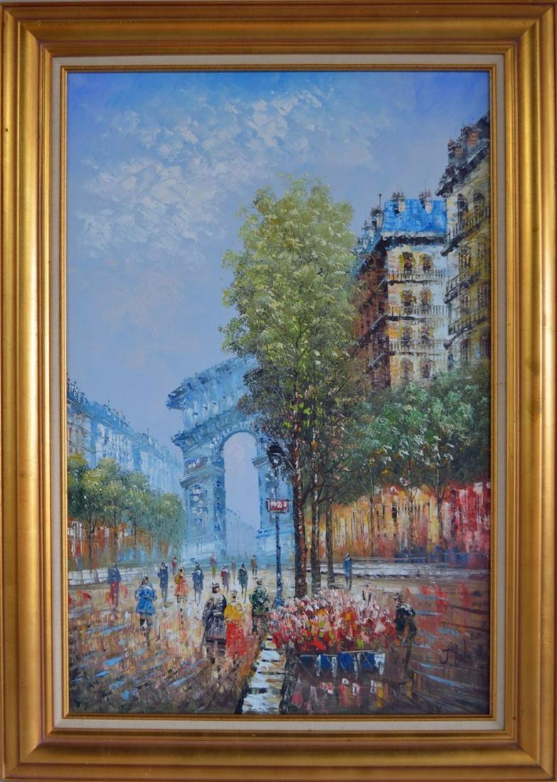 PARIS POST IMPRESSIONIST PAINTING AFTER CORTES: Post impressionist painting of a Parisian Champs Elysees street scene with the Arc de Triomphe in the background. Done in the manner of Edouard Cortes and Antoine Blanchard. The painting is oil/canvas