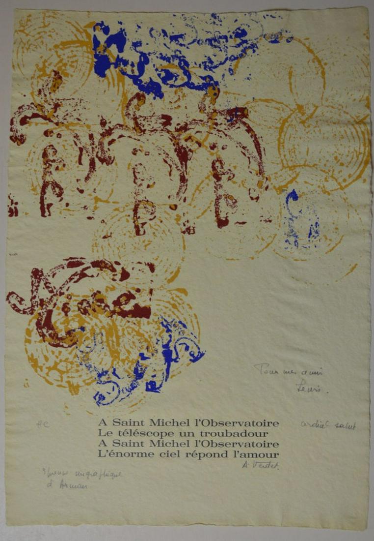 ANDRE VERDET 1913-2004 ABSTRACT SERIGRAPH SIGNED: Andre Verdet (1913-2004 France). Abstract serigraph, possible a template or proof for an exhibition advertisement at the Observatory at St. Michel. On heavy, laid paper with strong color impression. S