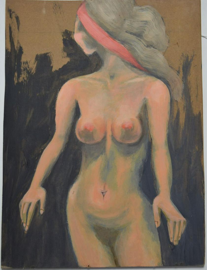 20TH C EXPRESSIONIST EROTIC NUDE PAINTING: Modern (20th C) expressionist painting of a beautiful woman in a standing pose. The painting is oil/board (masonite) and is not signed. It is unframed. Measures: 16" x 12"