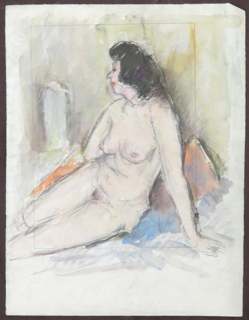 NUDE DRAWING OF RECLINING WOMAN DOUBLE SIDED: 20th C nude pastel drawing of a seated woman. The work is executed on fine CM Fabriano watermarked paper. There is a second nude sketch, verso, in charcoal/graphite. It is unsigned and unframed. Measu