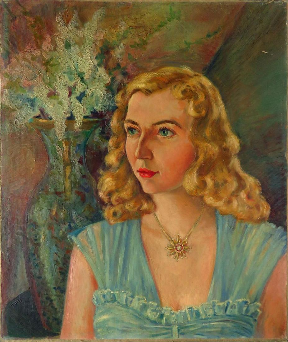 VINTAGE PORTRAIT OF A YOUNG WOMAN: Vintage painting of a wealthy young lady, finely dressed, and bedecked with Cartier or Tiffany quality jewelry. The painting is likely mid 20th century, is oil/thick canvasboard and is unsigned. It is