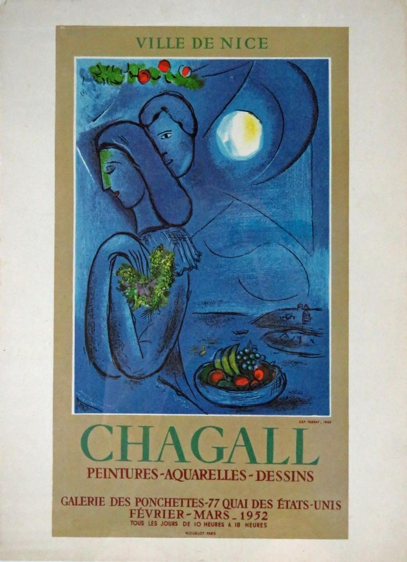 MARC CHAGALL VILLE DE NICE EXHIBITION POSTER VTGE: Marc Chagall (Russian/French, 1887-1985). A mid-20th century vintage modern French colored lithograph exhibition poster for an exhibition held in 1952 at the Gallerie des Ponchettes, designated as pri