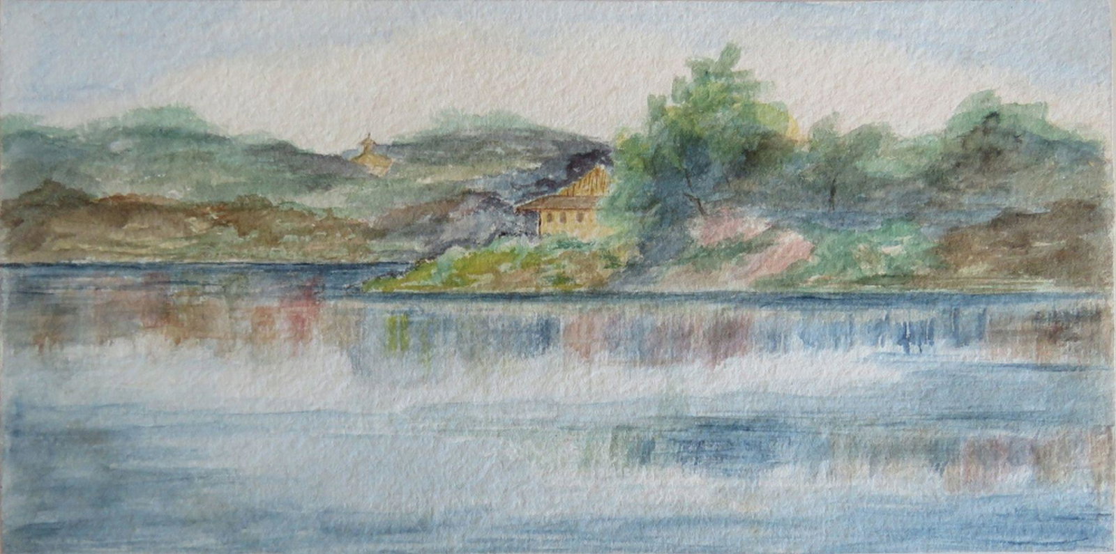 2 WATERCOLOR PAINTINGS 19TH CENTURY: 2 vintage w/c paintings on paper, mounted on paper board. Paintings are of a village and of a lakeside cottage in the woods. They are unsigned. One bears a date (August 3, 1897) and what appears to be
