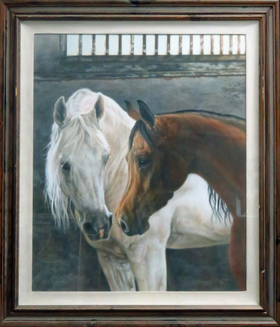 P. A. JONES B 1948 HORSES / EQUINE PAINTING SIGNED: P. A. ( Peggy ) Jones, American, B. 1948. Contemporary. Jones's work evokes a modern Luminist treatment of a Hudson River School approach to light and color. This particular work is of 2 horses and is