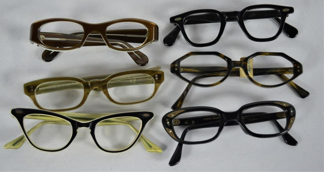 6 VINTAGE CATEYE HEXAGON EYEGLASSES FRAMES: Lot of 6 vintage eyeglasses / frames. Included are cat-eye style, rhinestone, and hexagon shaped frames (several marked made in France). NOS frames. Provenance: From a NY, NY & Rockland County eyewear
