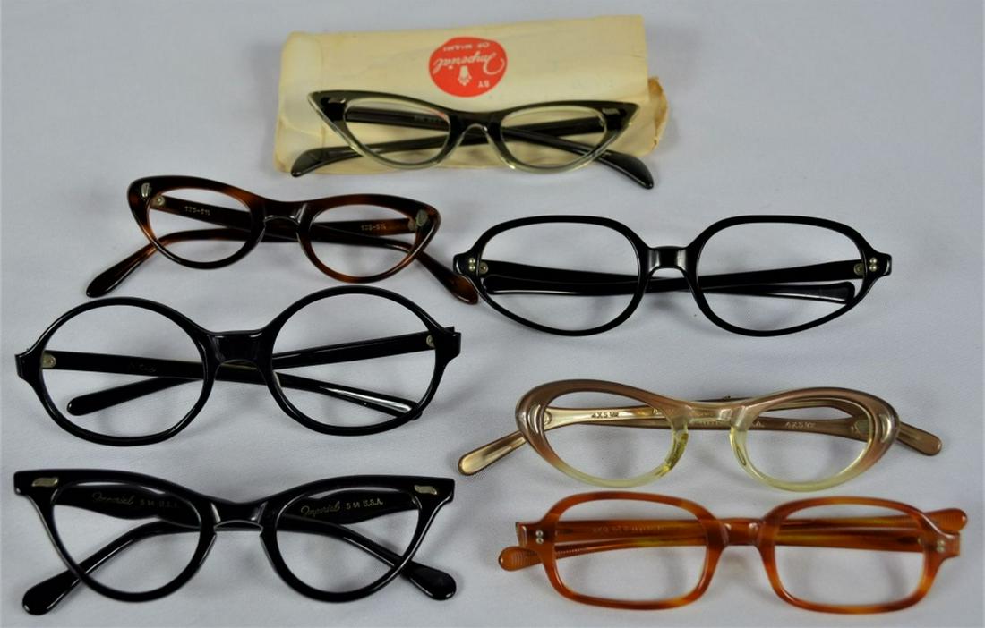 LOT (7) VINTAGE EYEGLASSES CHANEL IMPERIAL TITMUS: Lot of 7 vintage C. 1950's-1960's eyeglasses, including cateye style. Most New Old Stock (NOS) including Chanel, Imperial, Beauty Line, etc. Provenance: From a NY, NY / Rockland county eyewear dealer/