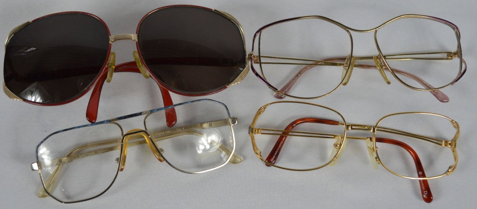 LOT (4) VINTAGE EYE/SUNGLASSES 3 BY CHRISTIAN DIOR: Lot of 4 vintage eyeglasses 1970's & 1980's. 3 pairs Christian Dior - all made in Austria. One pair Exotique, made in Italy. Partial New Old Stock (NOS). Provenance: From a NY, NY & Rockland County ey