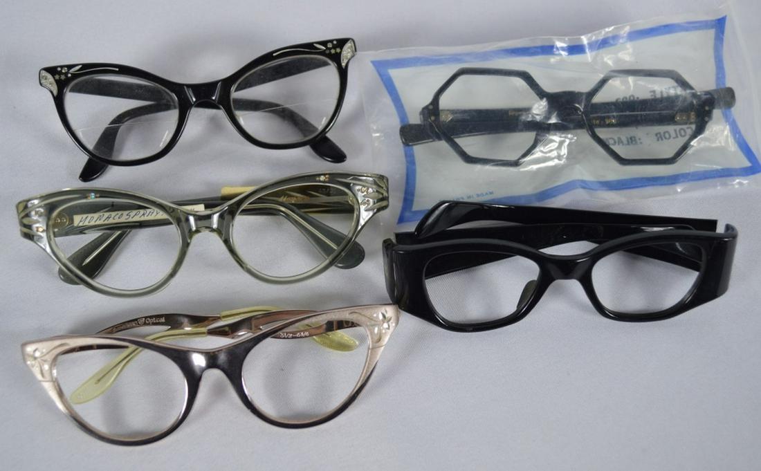 5 VINTAGE CATEYE RHINESTONE ETCHED ALUMINUM: Lot of 5 vintage eyeglasses. Included are etched aluminum by American Optical, cateye style, rhinestone, and hexagon shaped frames (made in France). NOS frames. Provenance: From a NY, NY & Rockland Co