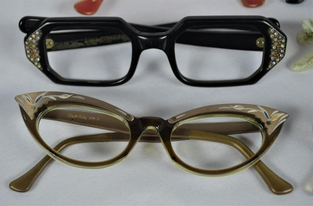 LOT (6) VINTAGE CATEYE RHINESTONE EYEGLASSES: Lot of 6 vintage C. 1950's-1960's eyeglasses, most Made in France including cateye style- some etched and some with rhinestones.. Most New Old Stock (NOS) including L&S, and Styl Rite. Provenance: Fro