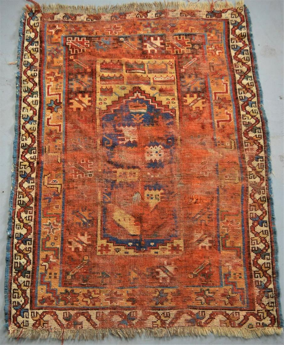 ANTIQUE ANATOLIAN PRAYER RUG 19TH C RARE DESIGN: Antique Anatolian Turkish prayer carpet / rug. The rug almost certainly dates to the 19th century (possibly early 19th) and boasts a VERY unusual center field design. Certain details point to a Konya 