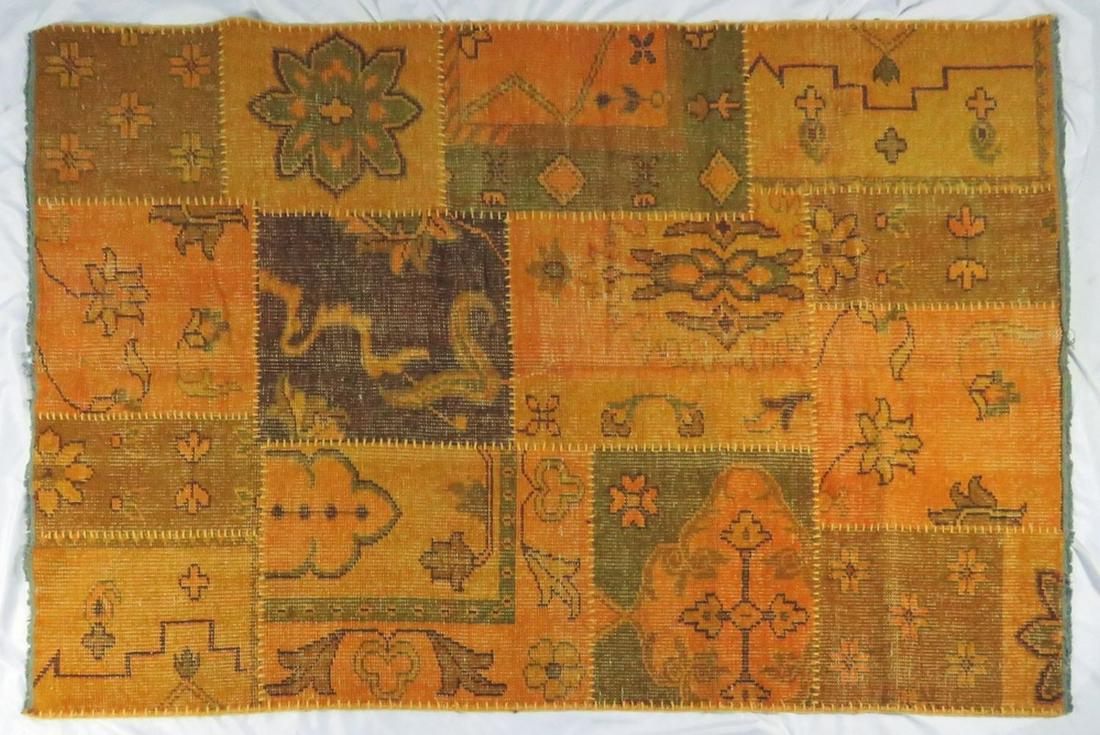 MODERN OVERDYED USHAK STYLE PATCHWORK RUG: Modern decorator quality overdyed carpet constructed of vintage and/or antique fragments. Small room size. Carpet is a cross between an antique Ushak / Oushak carpet and a Moroccan carpet. Measures: 5