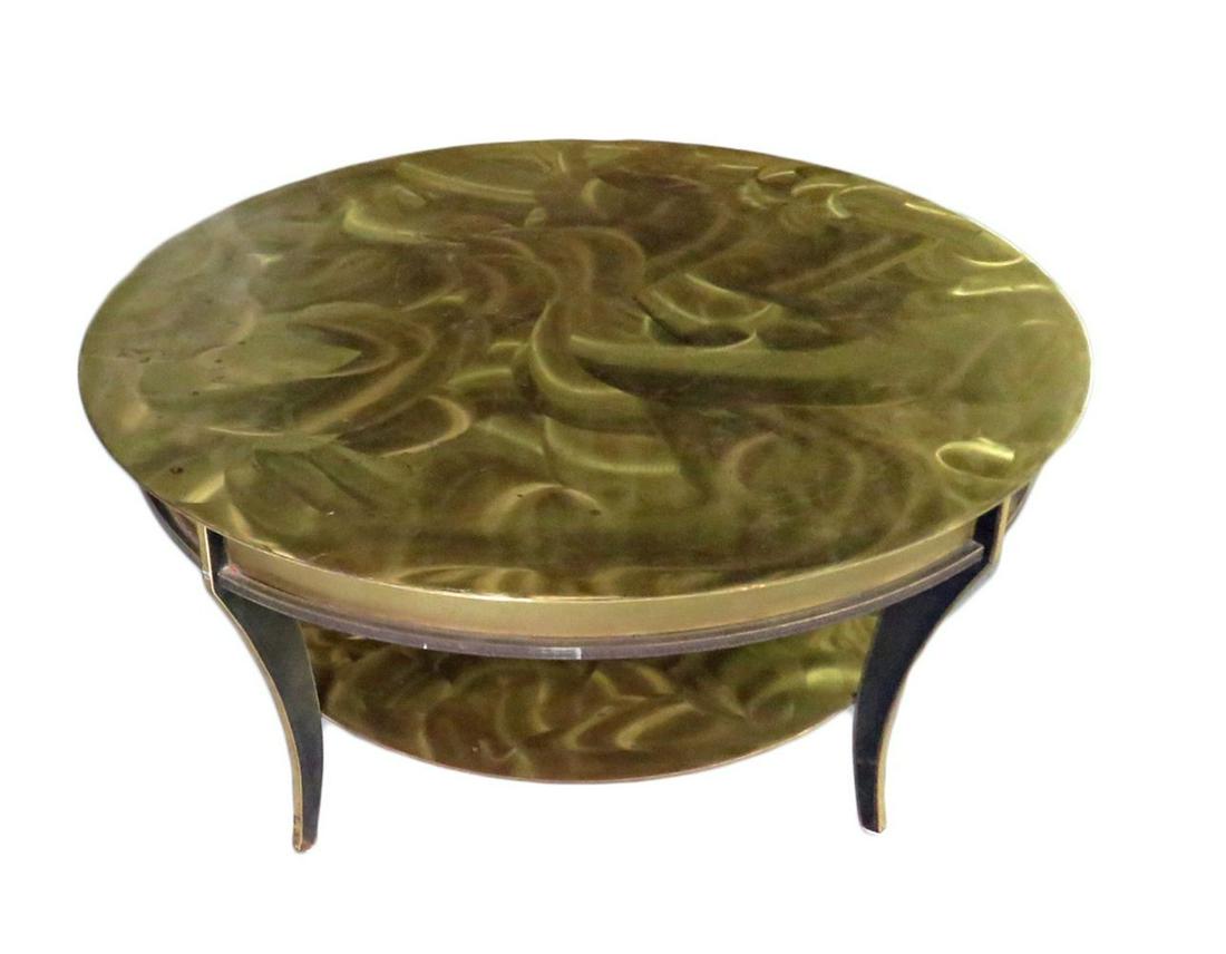 BENCH MADE BRONZE / SOLID METAL ROUND TABLE: Modern, almost brutalist, bronze and steel round coffee table. Table has a Mastercraft look and may be modeled after metal works by Philip and Kelvin Laverne. Solid metal construction. Table is bench