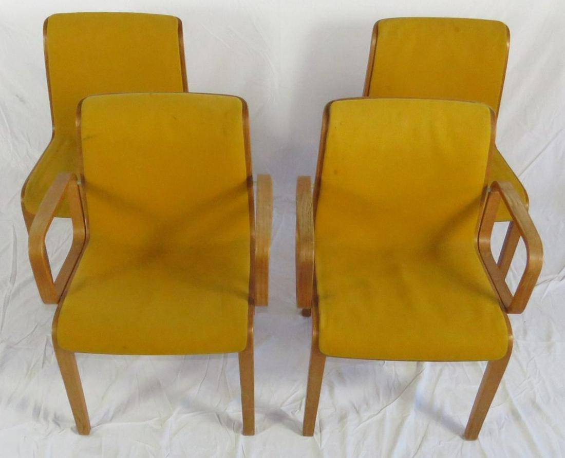 KNOLL SET 4 BILL STEPHENS CHAIRS MID CENTURY MOD: Set of 4 Knoll Bill Stephens design bentwood chairs with original Knoll upholstery. Mid century modern, circa 1970, Eames era design. Set consists of 2 armchairs and 2 side chairs. With original label