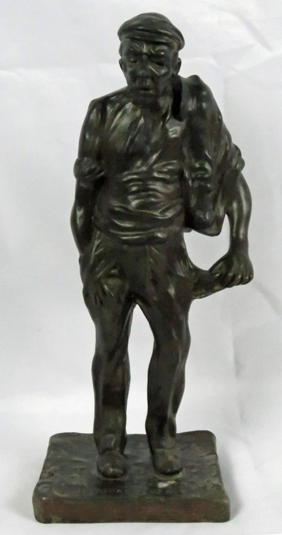 JULES DALOU (MANNER OF) ANTIQUE SCULPTURE: French school bronze patina metal sculpture of a Peasant ( Paysan ). Done in the manner of Aime-Jules Dalou (Fr. 1838-1902). Titled on base: "Je pas d'Argent". Measures: 13" H