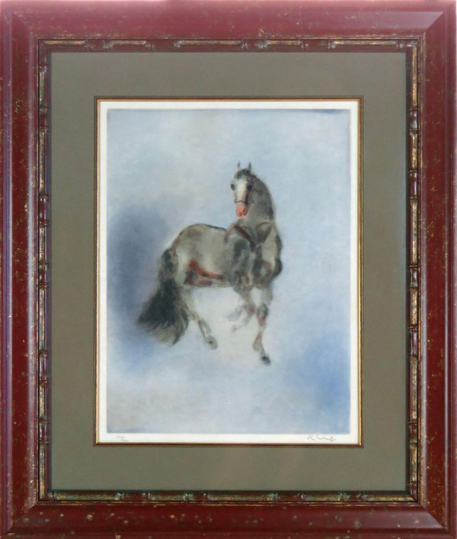 CHINESE MODERN HORSE LITHO FINELY FRAMED SIGNED: Finely framed modern style lithograph of a Tang Chinese style horse in the manner of Lebadang / Yves Klein. The frame is Chinese / Asian in style. Lithograph is signed and numbered (from an edition of