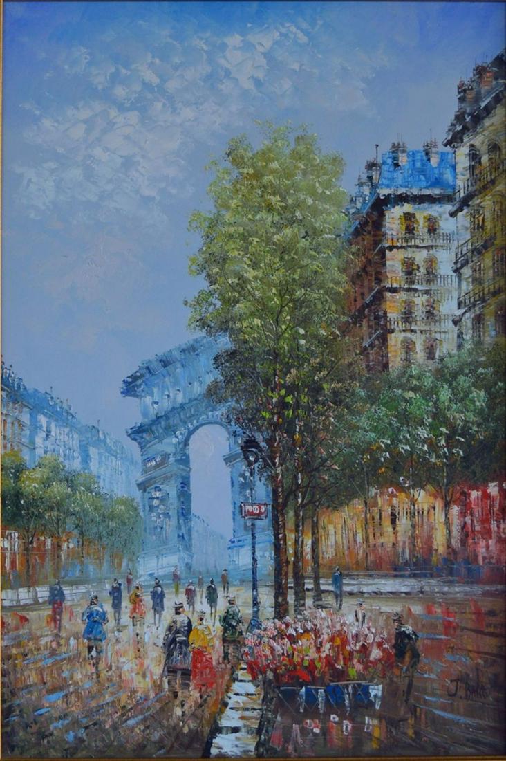 IMPRESSIONIST PAINTING OF PARIS ARC DE TRIOMPHE: Impressionist painting of a Parisian Champs Elysees street scene with the Arc de Triomphe in the background. Done in the manner of Edouard Cortes or Antoine Blanchard. The painting is oil/canvas. It i